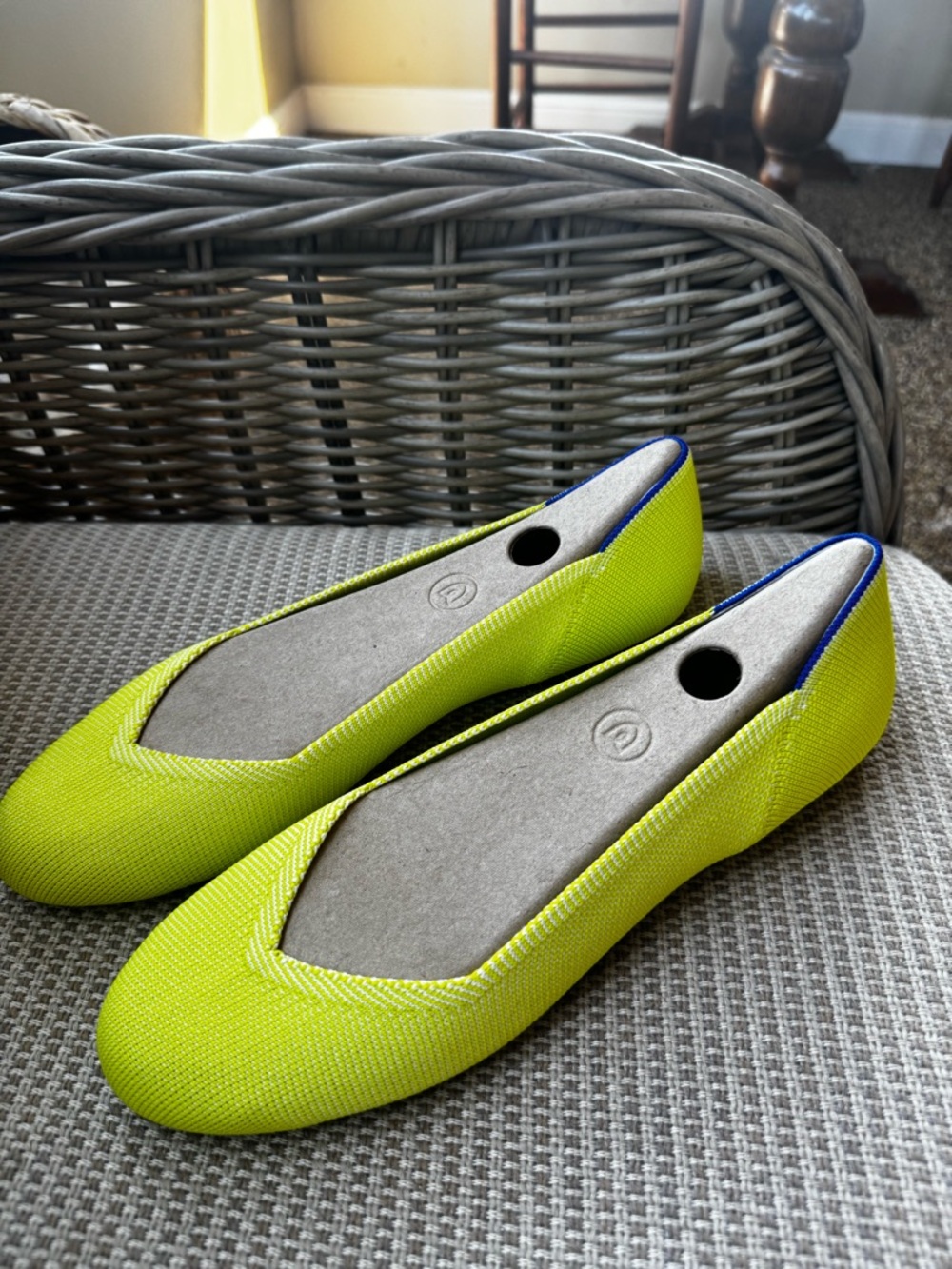Rothy's Neon Lime Ballet Flats with Blue Trim
